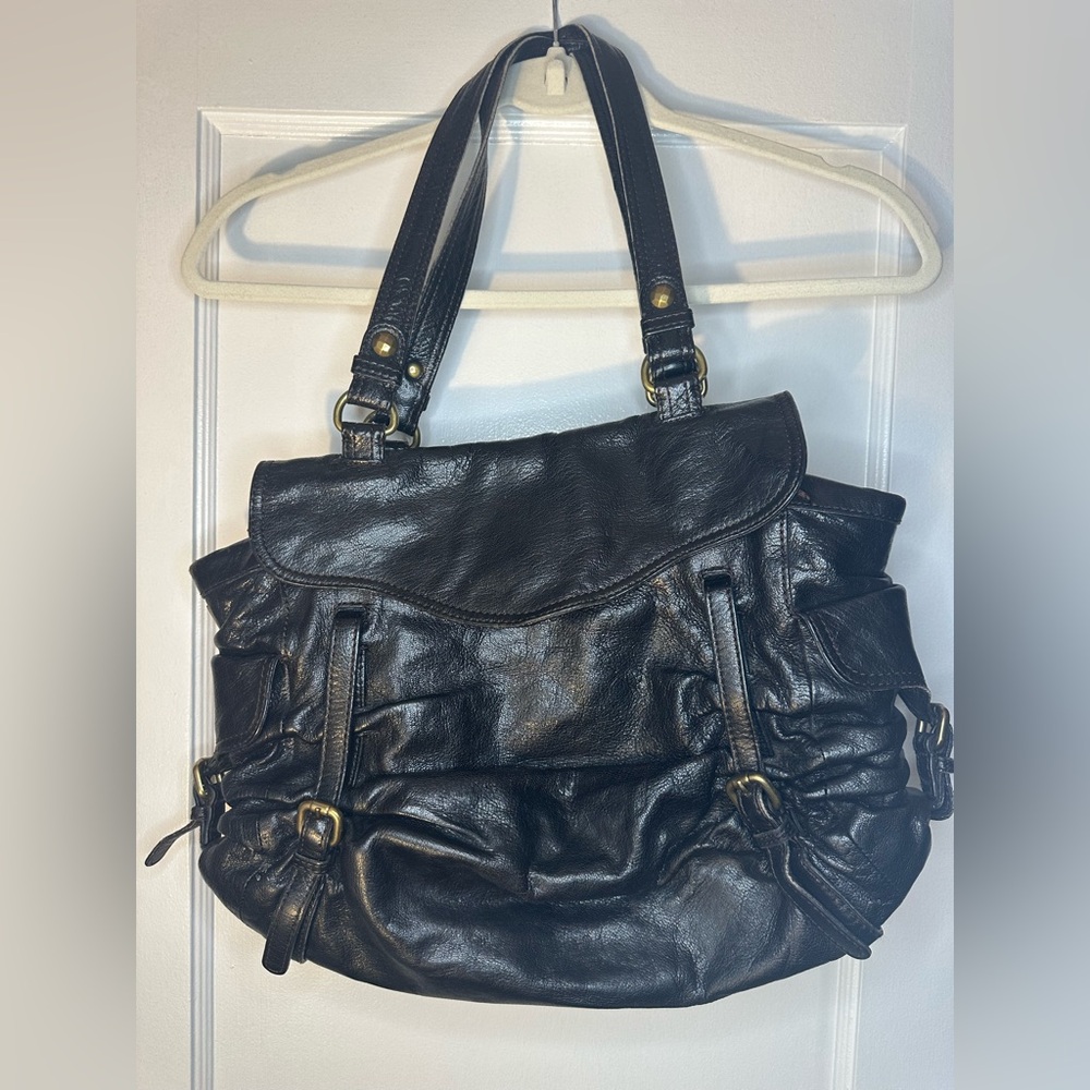 Kooba Dark Brown Leather Pockets Buckle Double Handles Satchel Shoulder Bag
